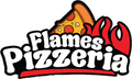 Flames Pizzeria logo with a pizza slice and red flame graphic in bold black and white text