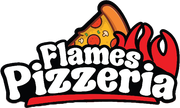 Flames Pizzeria logo with a pizza slice and red flame graphic in bold black and white text