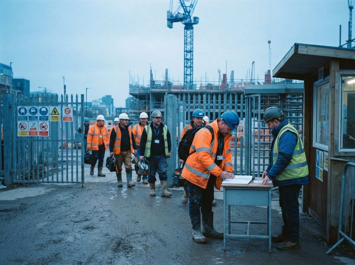 Workers arriving on site and signing in