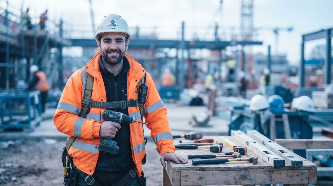 Tradesperson with tools in hi-vis and hard hat
