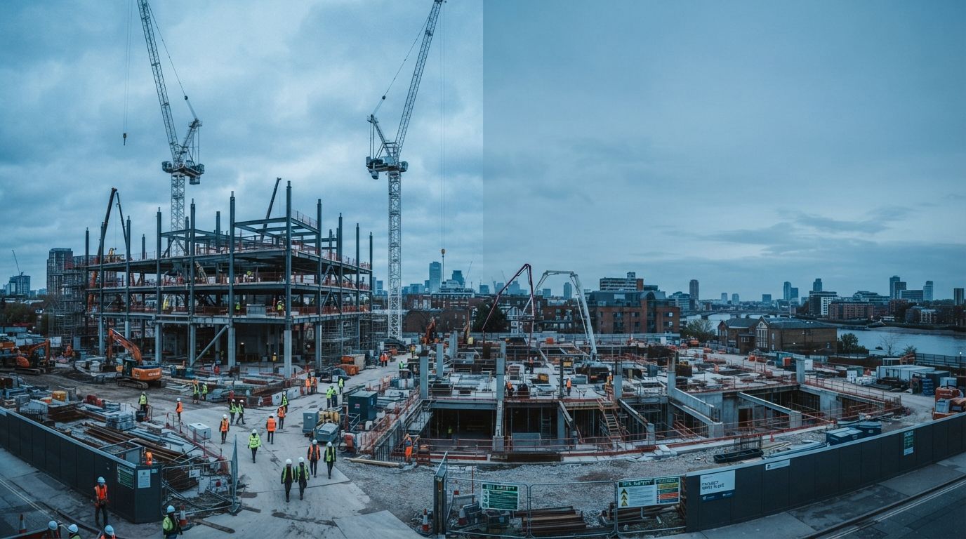 UK city skyline with tower cranes