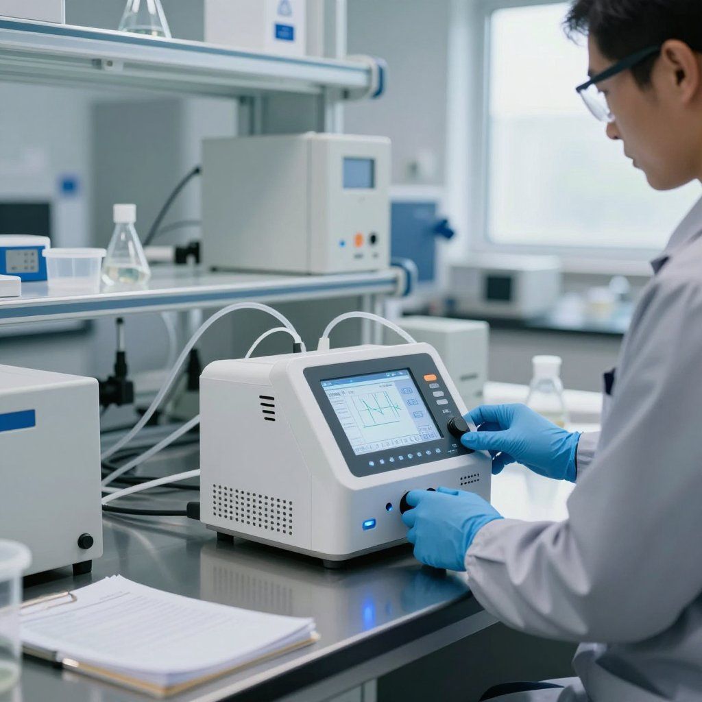 Lab technician in blue gloves operating a lab instrument on a stainless steel bench in a bright laboratory