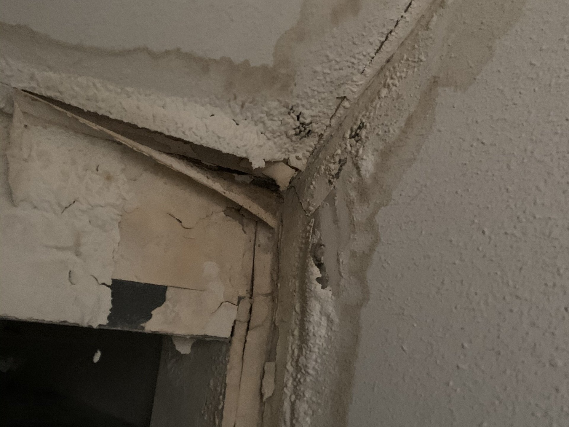 Damaged ceiling corner with cracked, peeling plaster and a visible wall seam.