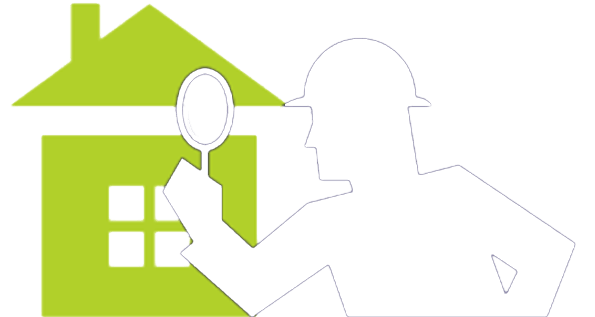 White outline of a person inspecting a green house with a magnifying glass, suggesting home inspection.