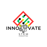 A logo for innovate stem with a light bulb and gears