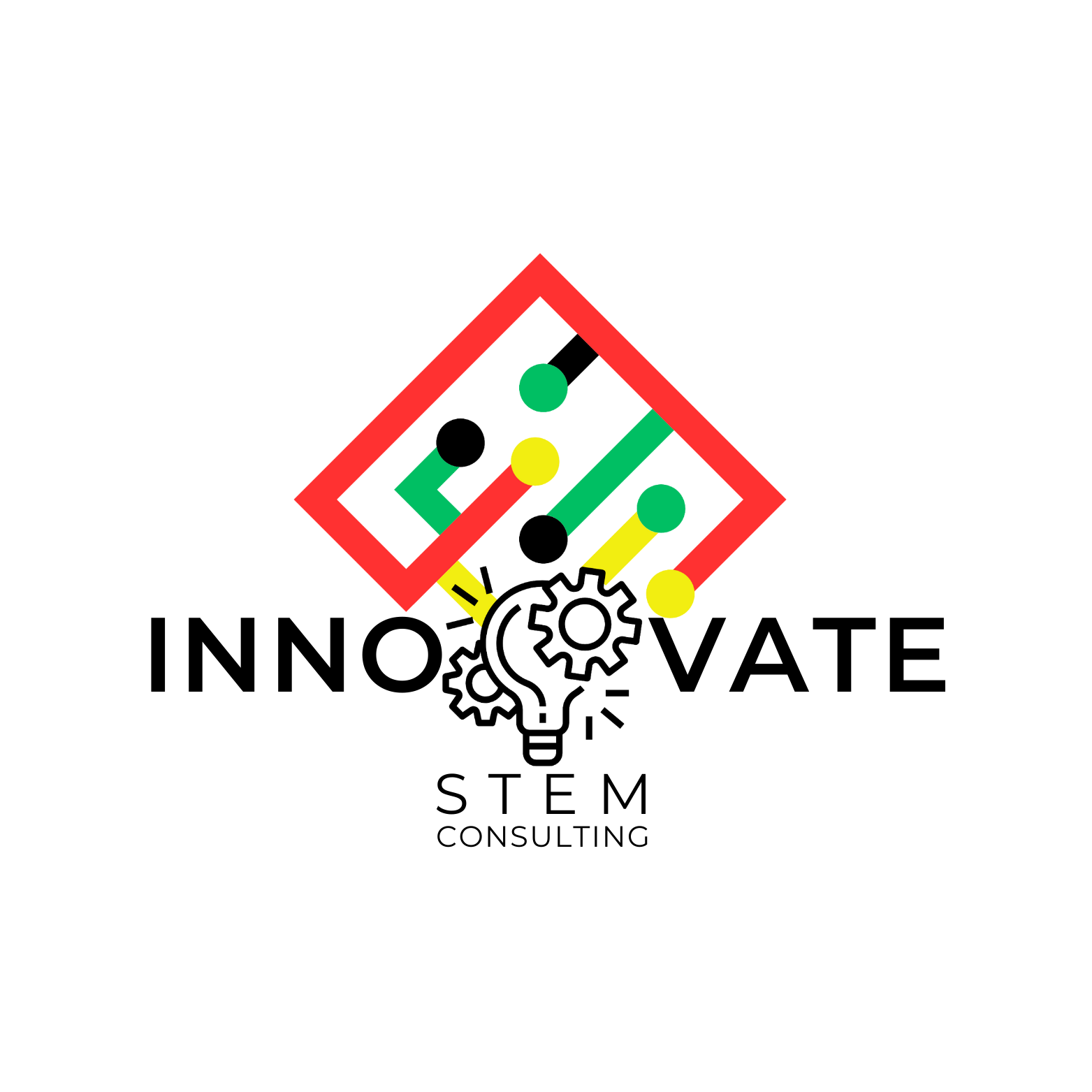 A logo for innovate stem with a light bulb and gears