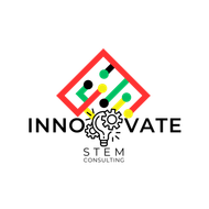 A logo for innovate stem with a light bulb and gears