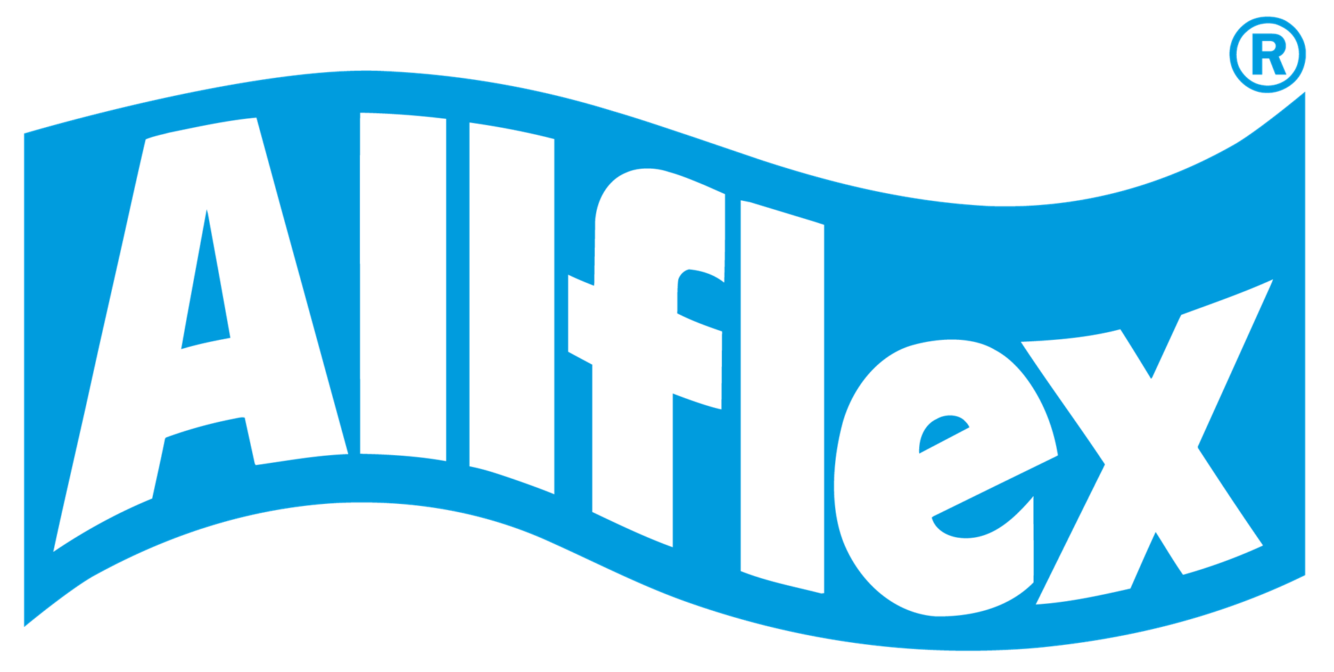 Allflex logo on a blue curved background. The logo is white text, 