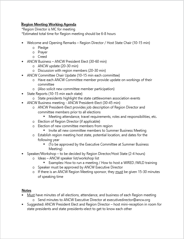Agenda for a Region Meeting, listing topics like opening, reports, and speaker sessions.