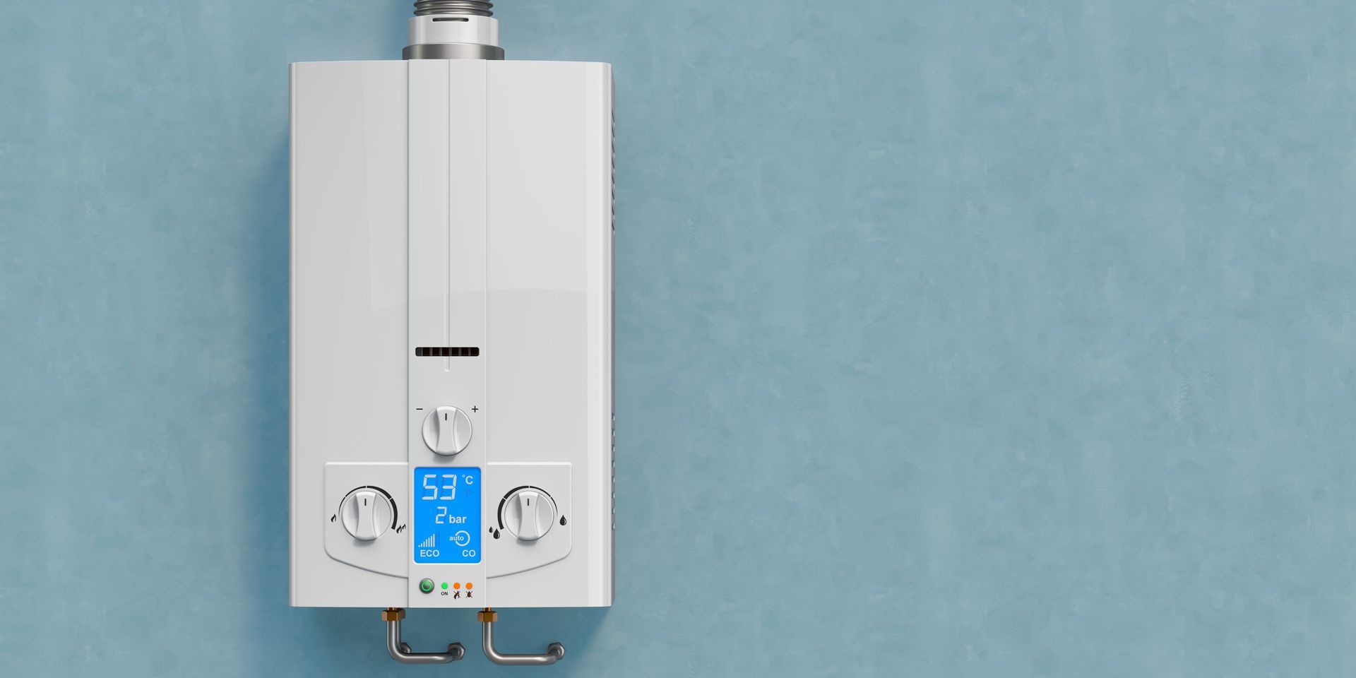 White water heater mounted on a light blue wall.