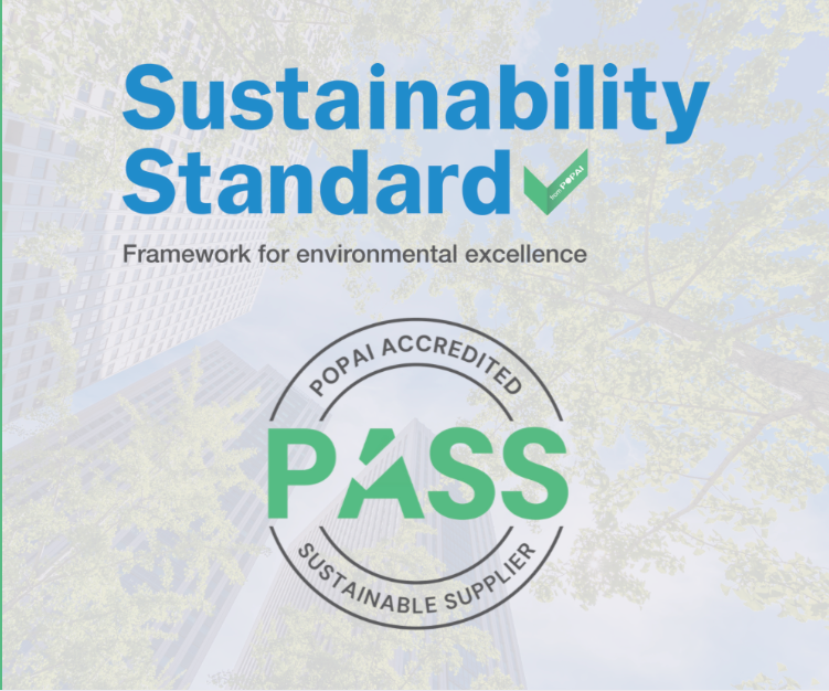 Official POPAI Accredited PASS Sustainable Supplier graphic featuring the green PASS seal, the Metalfacture logo, and environmental excellence framework visual.
