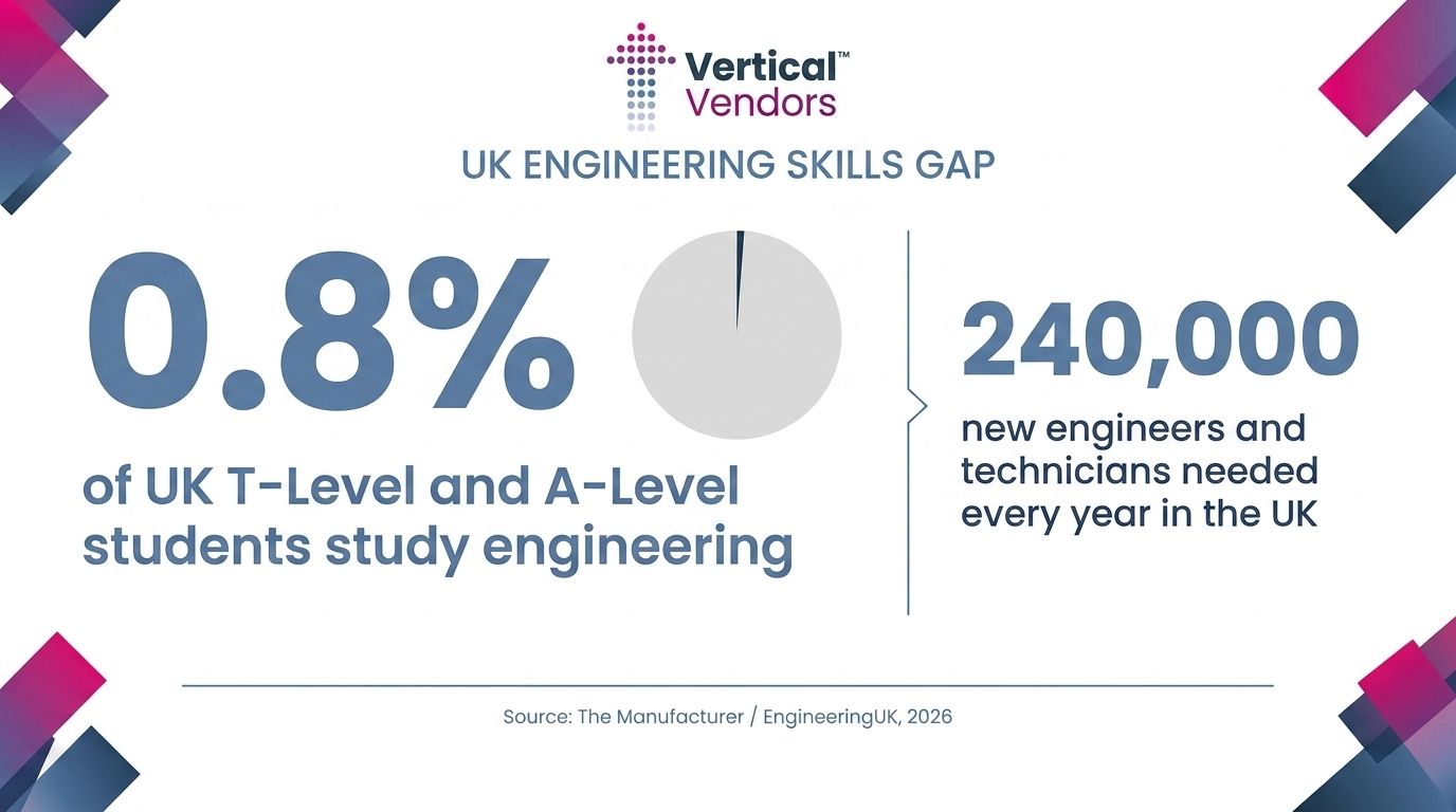 Infographic: UK engineering skills gap, 0.8% of UK students study engineering; 240,000 technicians needed yearly.