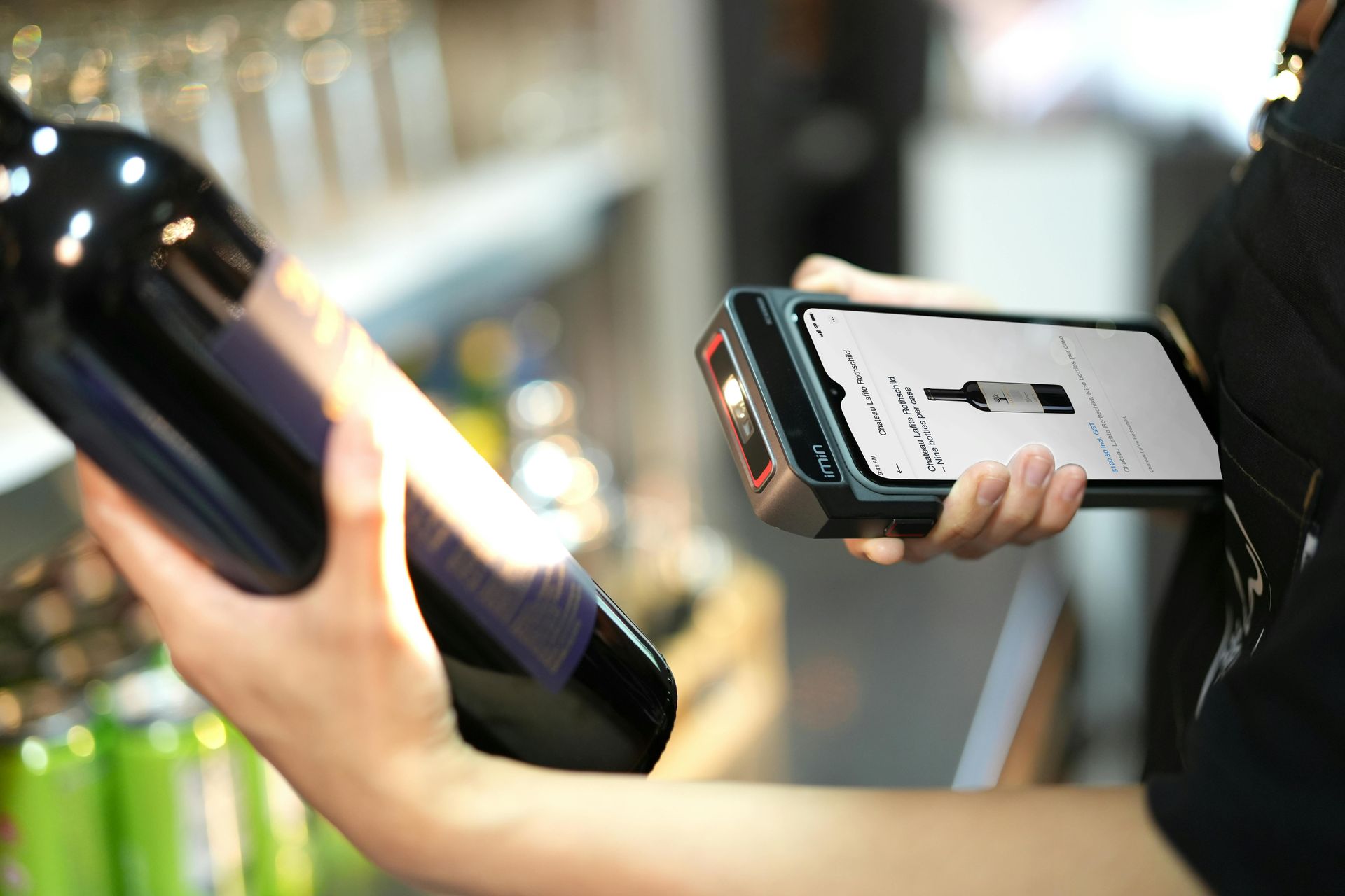 A Vertical Vendors display unit in a busy retail environment with a small digital screen or QR code