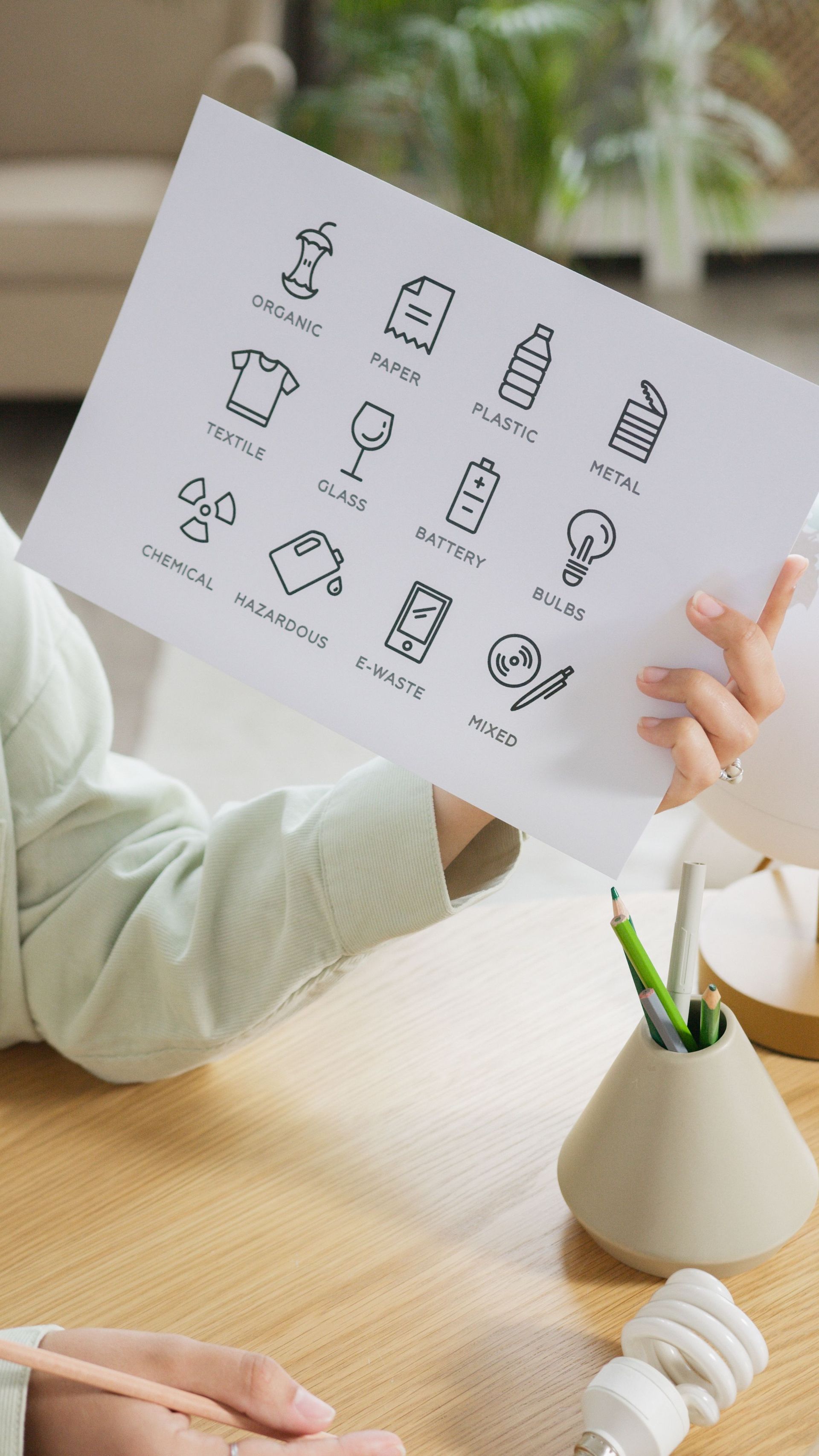 Hands holding a white sheet with simple app icons over a desk with a small vase and pencils.