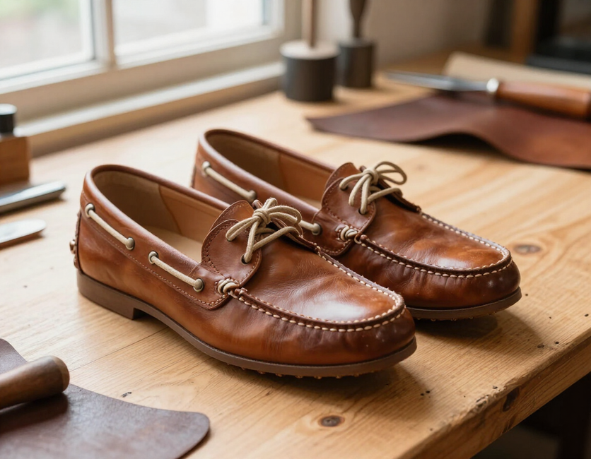 Calzado náutico y mocasines de cuero en taller