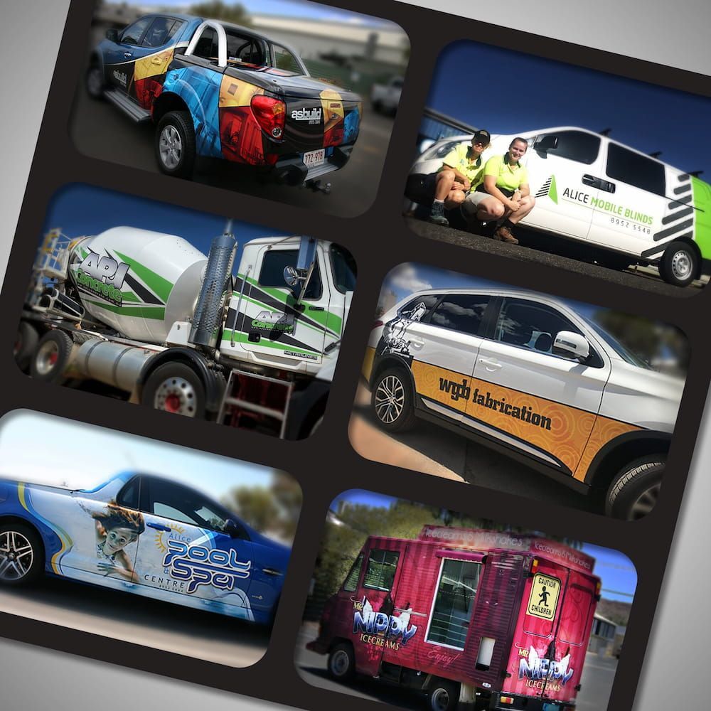 A Collage of Pictures of Various Vehicles Including a Truck That Says 'wg' on It — Bluey's Signs in Ciccone, NT A Collage of Pictures of Various Vehicles Including a Truck That Says 'wg' on It — Bluey's Signs in Ciccone, NT