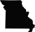 A black silhouette of the state of Missouri on a white background.