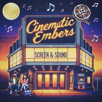 Pixel art image of a glowing movie theater at night, representing film, music, and shared memories in a Searching for Stars universe. Cinematic Embers
