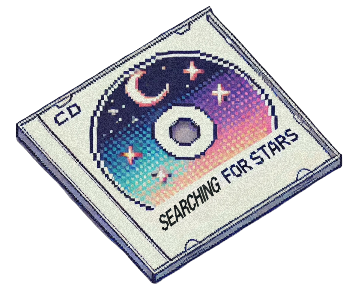 Pixel art retro television showing a girl inspired by a 90s April O’Neil style character wearing headphones, holding a Talk Girl recorder and a Discman CD player at night, representing nostalgia, audio storytelling, and memory through sound in Searching for Stars, a multimedia mixtape memoir by Lauren Nixon-Matney exploring musical echolalia and audiobook-style listening experiences.