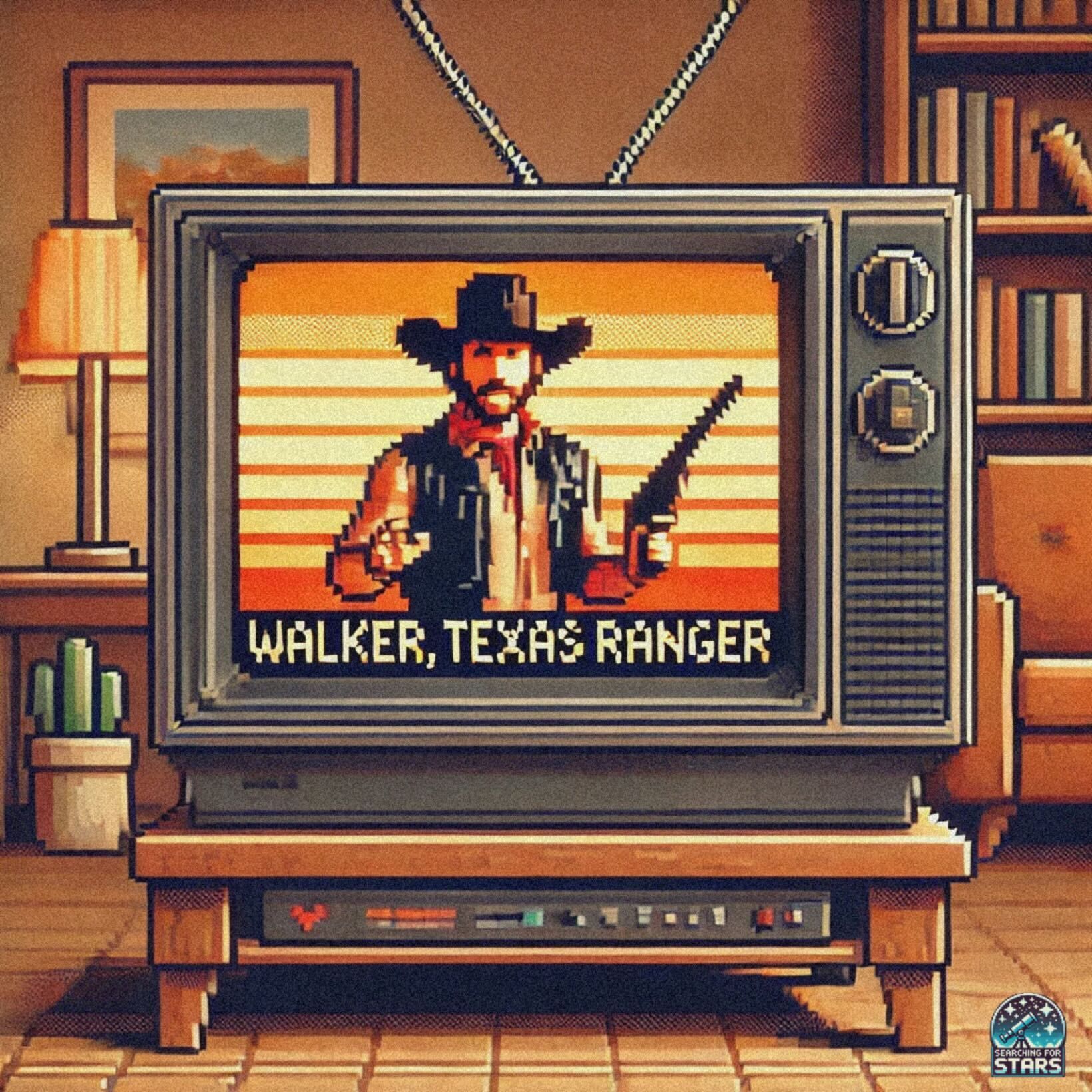 Pixel art tribute inspired by Chuck Norris and Walker, Texas Ranger, representing childhood memories, karate lessons, and gratitude for the strength and inspiration found in the Searching for Stars Cosmic Post Office.