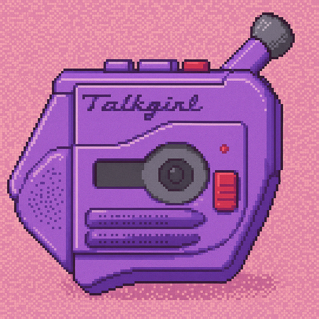 Pixel art Talkgirl-style audio recorder icon inviting listeners to hear the Searching for Stars audiobook podcast.