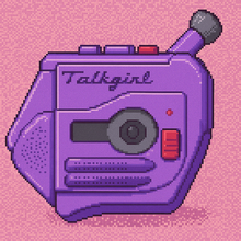 Pixel art Talkgirl-style audio recorder icon inviting listeners to hear the Searching for Stars audiobook podcast.