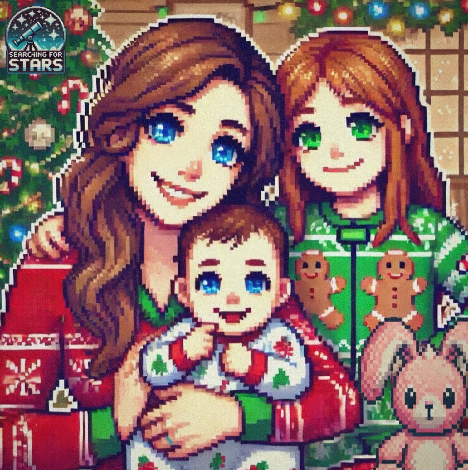 Pixel art portrait of a mother and daughters gathered together in front of a Christmas tree in Christmas pajamas in a warm, festive setting, symbolizing faith, family, and music passed through generations in the Searching for Stars Galaxy