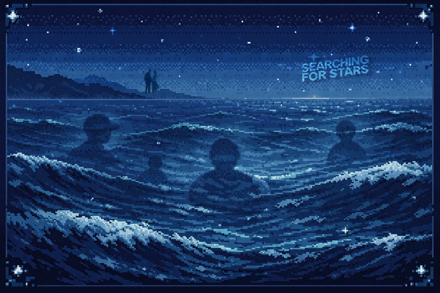16-bit pixel art ocean at night with stars and human silhouettes in waves, symbolizing emotional- depth, resilience, and searching for light in darkness, from Searching for Stars multimedia Book universe.