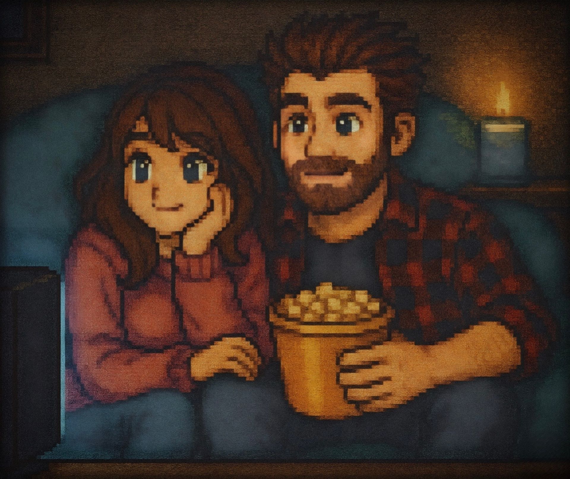 Pixel art image of Lauren and Jamie sitting together on a couch with popcorn, representing nostalgic movie memory moments, warmth and connection in a Searching for Stars Universe. Cinematic Embers
