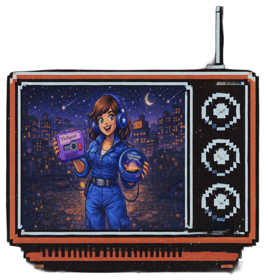 Pixel art retro television showing a girl inspired by a 90s April O’Neil style character wearing headphones, holding a Talk Girl recorder and a Discman CD player at night, representing nostalgia, audio storytelling, and memory through sound in Searching for Stars, a multimedia mixtape memoir by Lauren Nixon-Matney exploring musical echolalia and audiobook-style listening experiences.