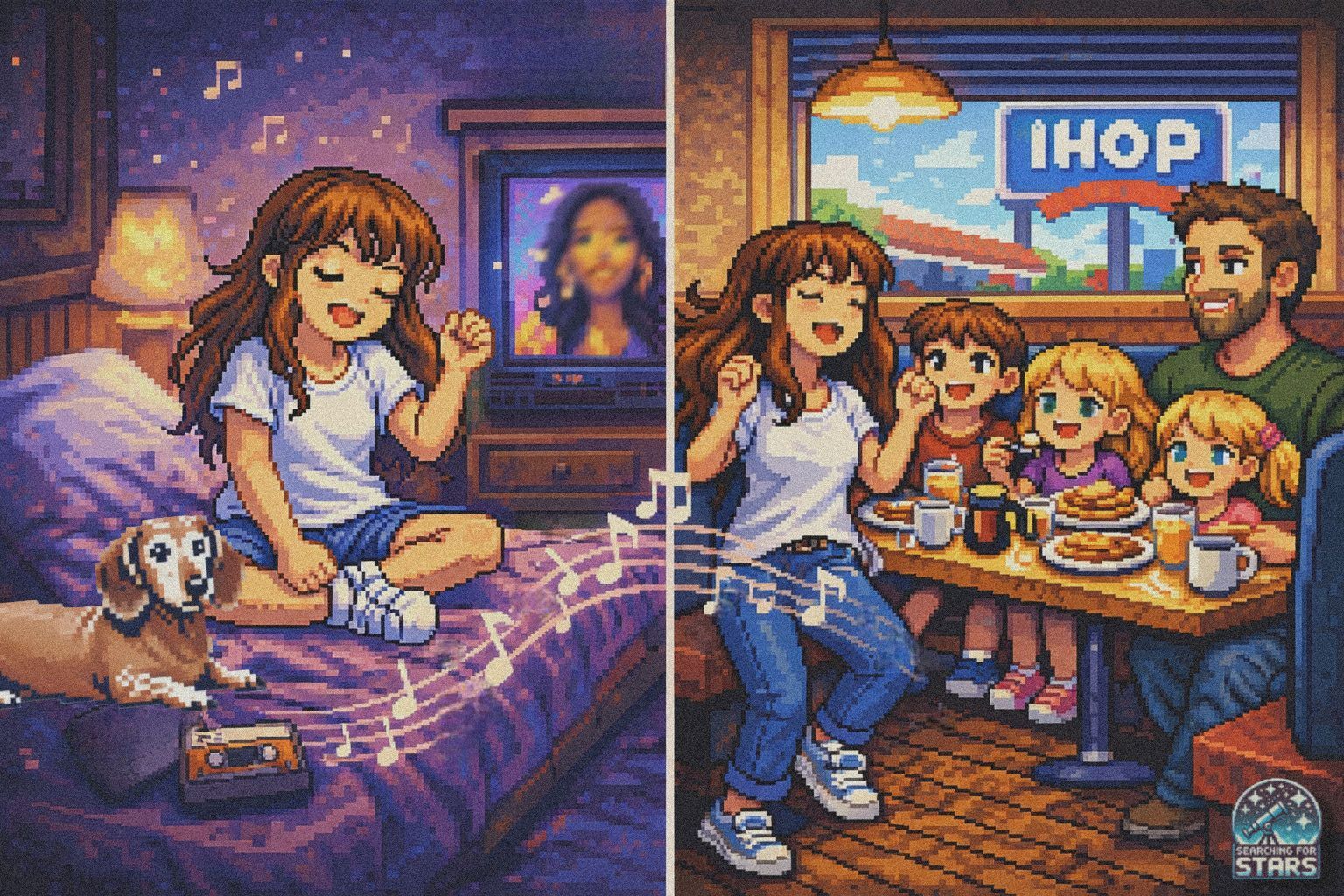Retro pixel art split illustration inspired by “Sittin’ Up in My Room,” showing a young girl listening to music in her bedroom beside a TV and cassette player, and an adult version of her singing with her family at IHOP. Part of the Searching for Stars series exploring 90s music, memory, and layered joy.