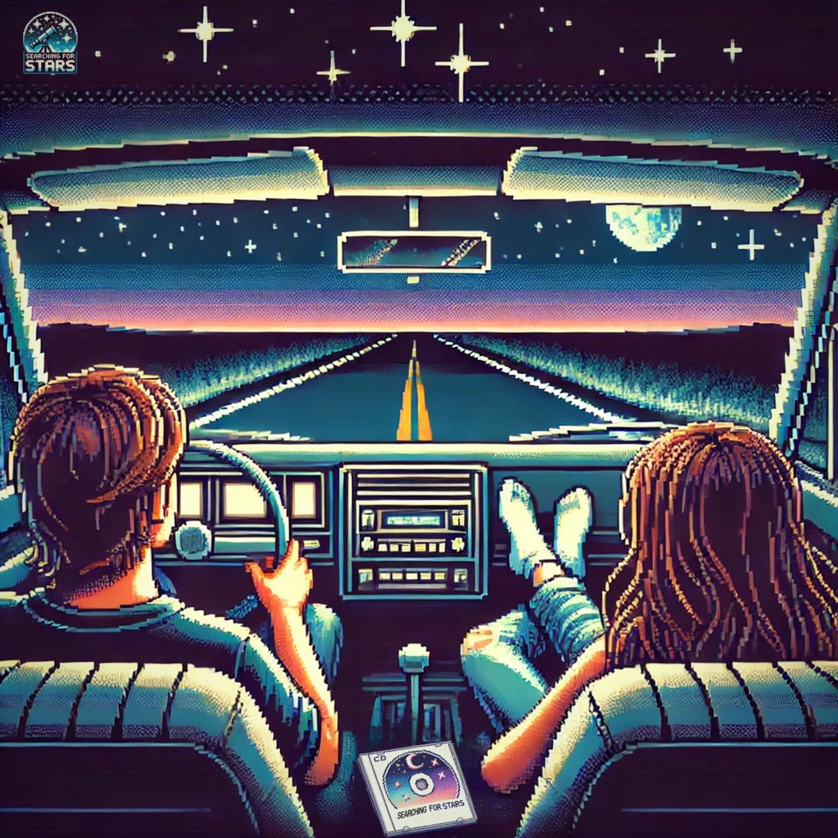 Pixel art image of Lauren and Jamie riding together down the highway at night under a star-filled sky, symbolizing romantic journeys, life's unexpected detours, and destiny in a Searching for Stars universe. 
