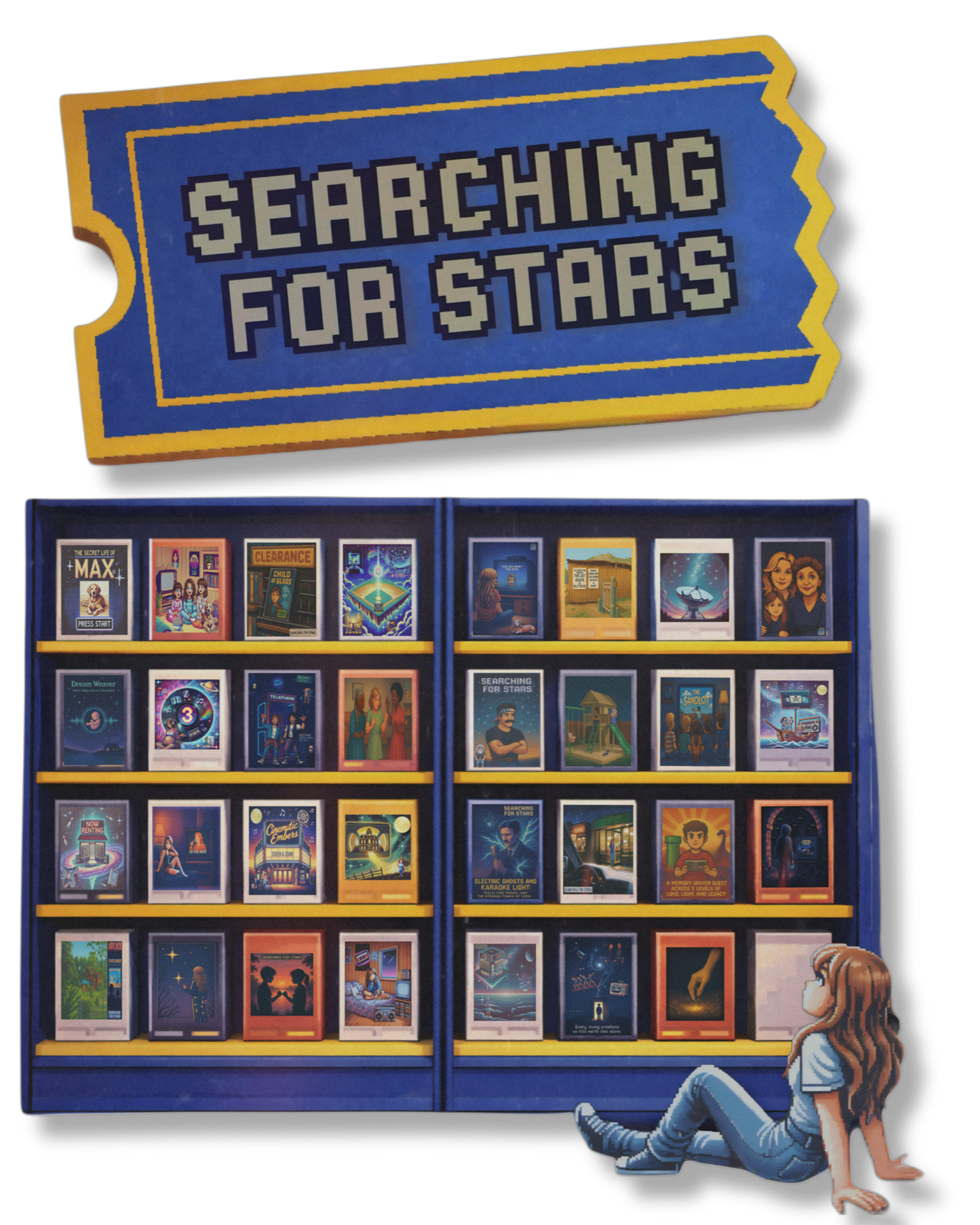 Searching for Stars pixel art mixtape memoir scene featuring a girl choosing a memory from a retro video rental shelf of story images, a nostalgic Blockbuster-style galaxy visual representing music-driven memories, storytelling through sound, and musical echolalia