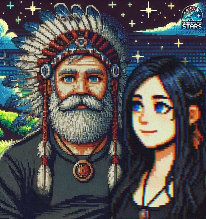 Pixel art portrait of The Shaman and his daughter Lauren standing side by side beneath a night sky of Stars, symbolizing reflection, transformation and generational connection in this Searching for Stars piece. 