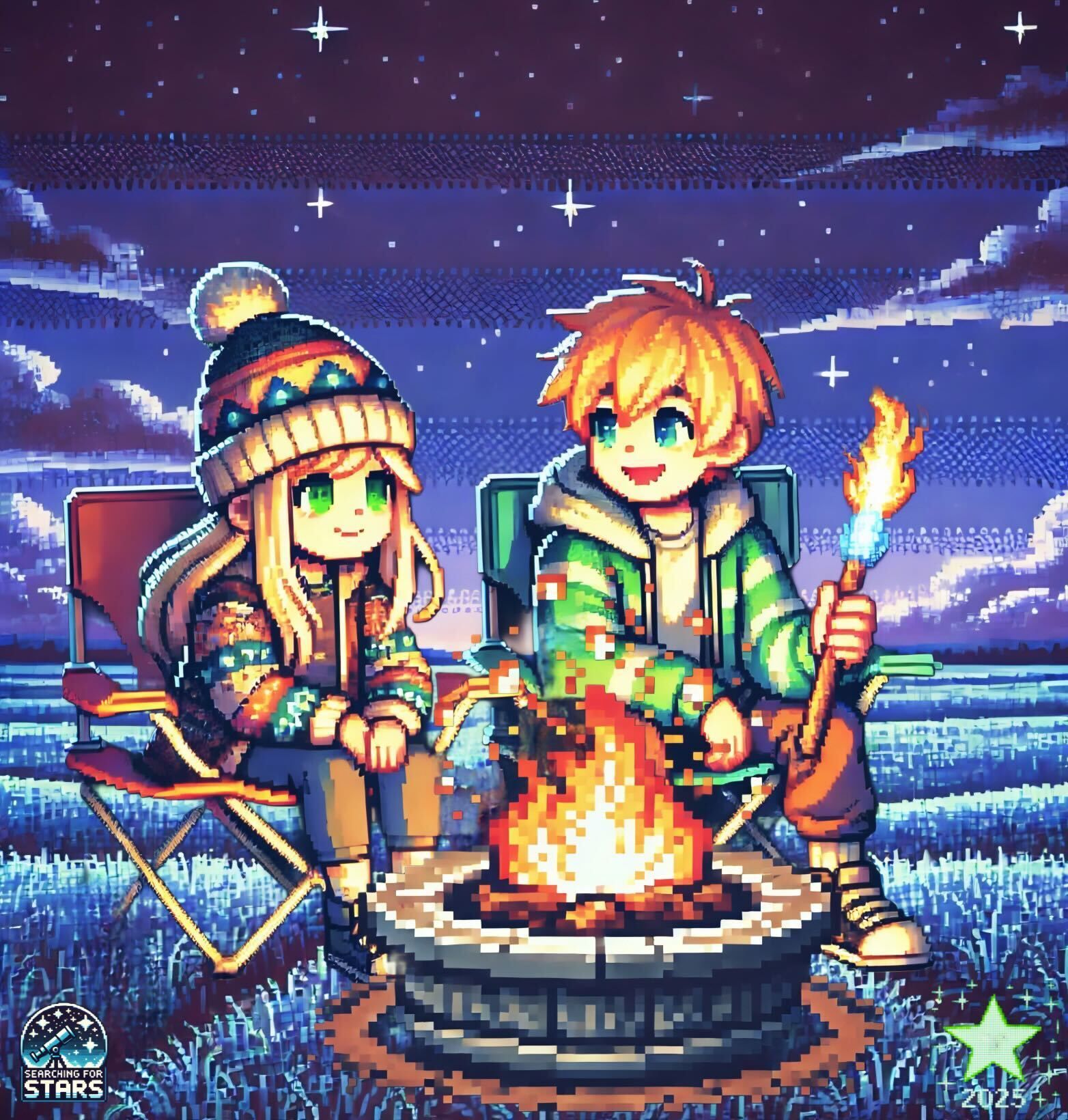 Pixel art image of two children sitting quietly beside a campfire under a star-filled night sky, celebrating new years eve, capturing a reflective moment of warmth, memory and connection through time in a Searching for Stars story.