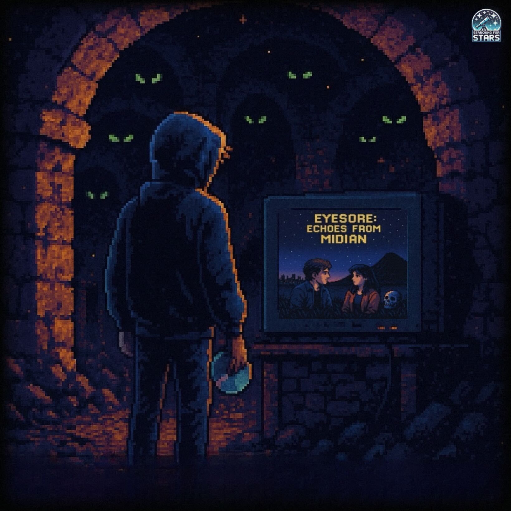 Pixel art scene inspired by Nightbreed and the hidden city of Midian, illustrating echoes of the song