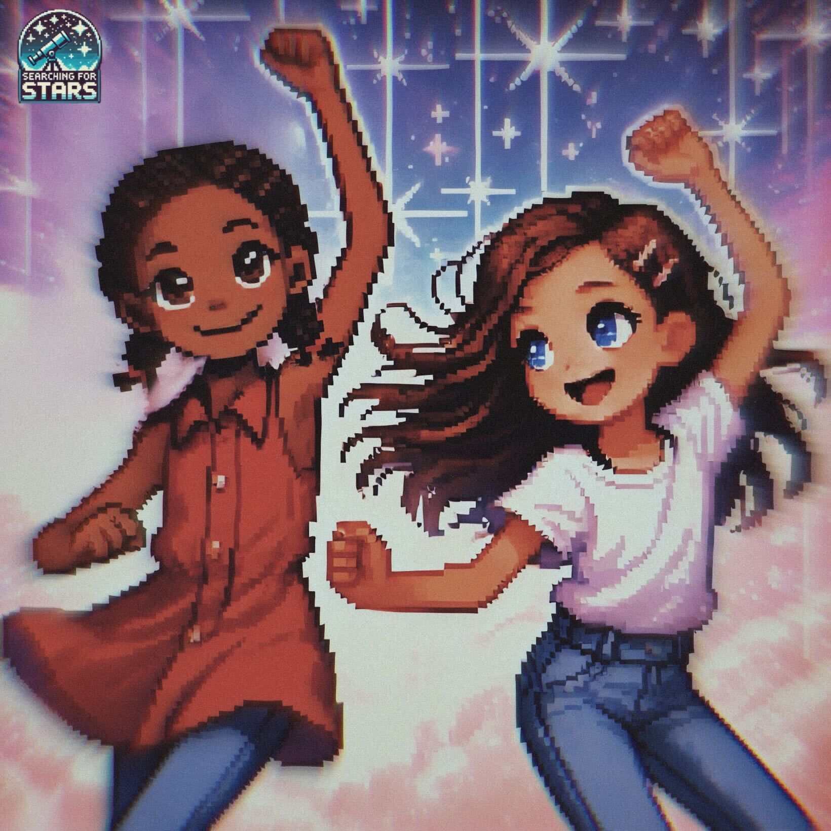 Pixel art illustration of two girls dancing joyfully beneath a glowing star-filled room, symbolizing friendship, movement, musical echoes and memory across time part of the Searching for Stars Galaxy