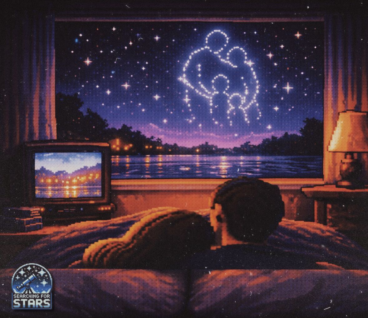 Retro-inspired pixel art scene of a couple resting in bed beside a CRT television, looking out a large window at a star-filled sky where a constellation forms the outline of a family. The image reflects themes of memory, love, grief, and legacy, central to the Searching for Stars multimedia memoir project.