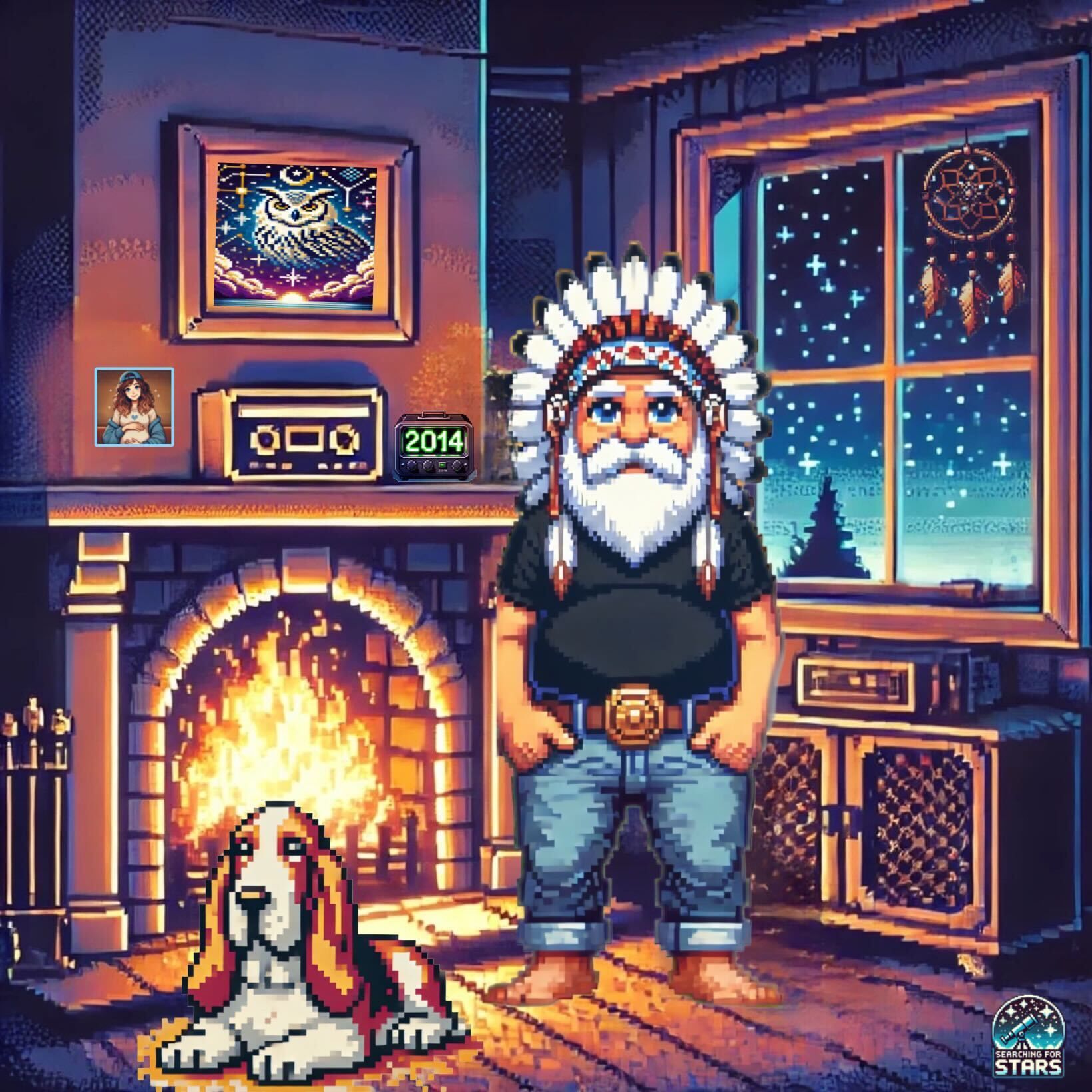 Pixel art image of The Shaman a bearded man wearing a feathered headdress standing beside Lucy a basset hound in a cozy bungalow, with a crackling fireplace, vintage radio, and starry night visible through a dream catcher decorated window. Representing, nostalgia and warmth in a Searching for Stars story.