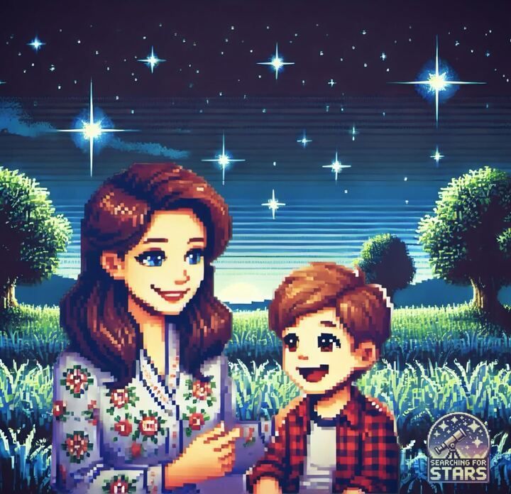 Pixel art scene of Lauren and Jaxon sitting together in a grassy field under a calm, starry sky, representing steadiness, love and resilience, part of the Searching for Stars Galaxy.