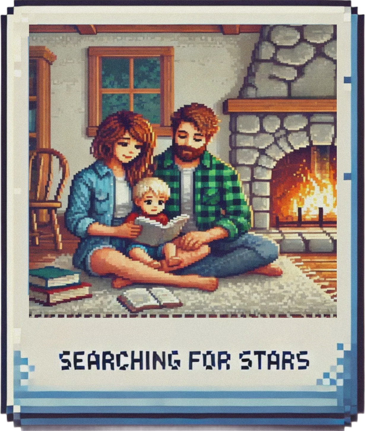 Pixel art image of parents reading with a child by a fireplace, representing shared stories, comfort, and the love of books and literature in a Searching for Stars universe.  Paperback Galaxy