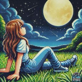 Searching for Stars footer image – a multimedia memoir experience created by Lauren Nixon-Matney Searching For Stars Author and Visionary, rooted in millennial nostalgia, music, and memory. A pixel art pixelated illustration of Lauren Nixon-Matney sitting in a grassy field beneath a large glowing moon, gazing upward at a star-filled sky, capturing a moment of stargazing, daydreaming, and reflection. The retro, VHS-era inspired scene evokes 90s and early 2000s childhood and the emotional connection between music and memory, central to the concept of musical echolalia. This interactive image links to the ‘Tool – Poetry in Motion’ piece in The Cosmic Sound Shop, a love story musical echolalia adaptation inspired by the band Tool, inviting viewers deeper into a digital memoir experience where sound becomes memory and memory becomes meaning.