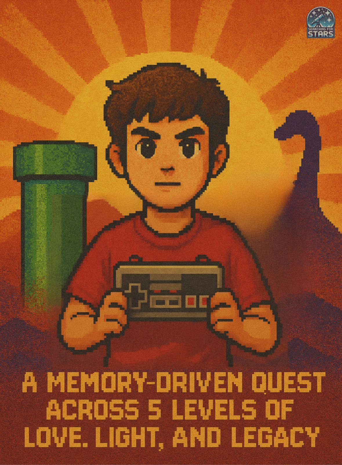 Retro-inspired 32-bit pixel art of a child holding a classic Nintendo controller, framed by a glowing sunburst sky, a green Mario-style warp pipe, and a dinosaur silhouette referencing The Wizard film. The image captures themes of 1990s gaming nostalgia, childhood memory, and generational legacy, central to the Searching for Stars multimedia memoir project.