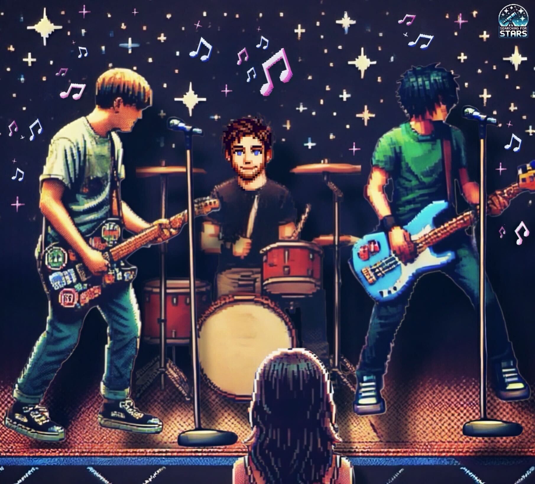 Pixel art scene of a teenage rock band performing on a civic center stage with floating music notes, capturing youthful energy, sound and emotional release, part of the Searching for Stars universe.