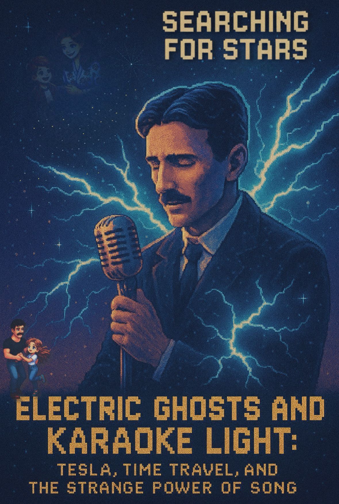 Retro-style illustration of Nikola Tesla singing into a microphone with electric lightning radiating behind him, set in a star-filled night sky. Subtle faded images of a mother and child and a father dancing with a daughter appear in the background. Title text reads “Electric Ghosts and Karaoke Light: Tesla, Time Travel, and the Strange Power of Song” from the Searching for Stars series.
