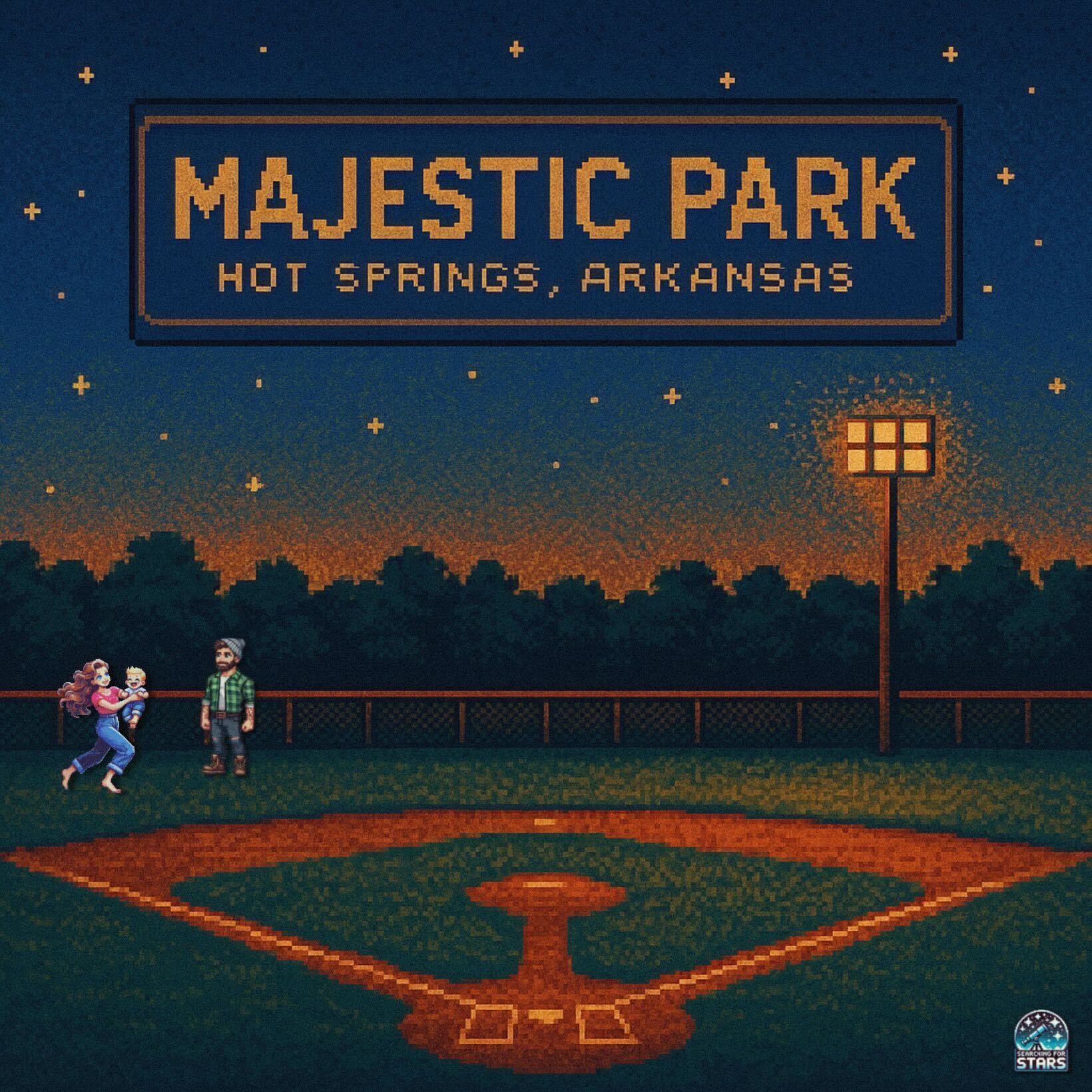 Pixel art illustration of baseball field majestic park at night in Hot Springs, Arkansas, with stadium lights glowing and a star-lit sky as a Jamie watches a Lauren and Jaxon move across the infield, symbolizing memory, legacy, and time in a Searching for Stars tale.