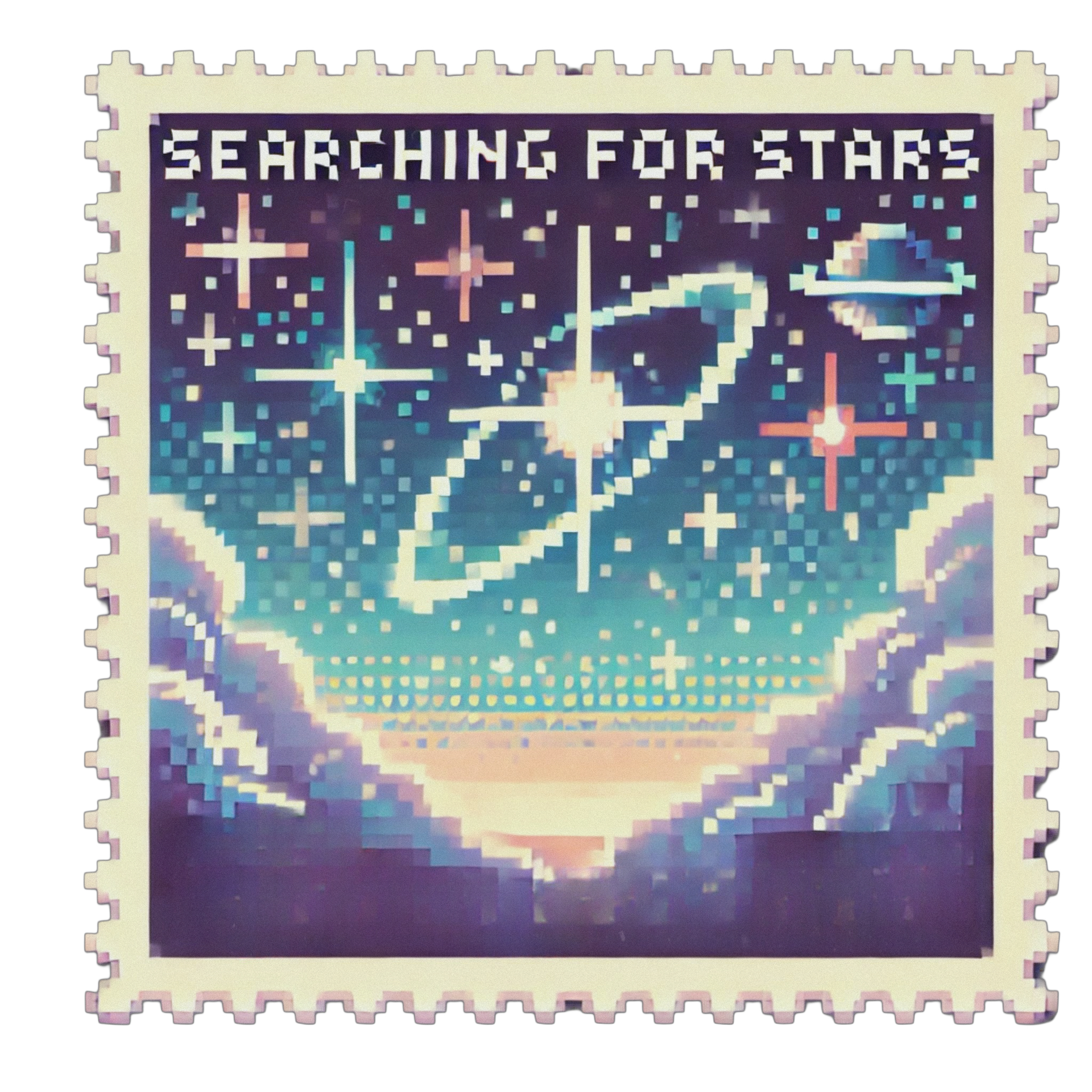 An image of a pixelated Searching For Stars Stamp attached to a letter of light for Toren Wolf, 8bit retro art, nostalgia art