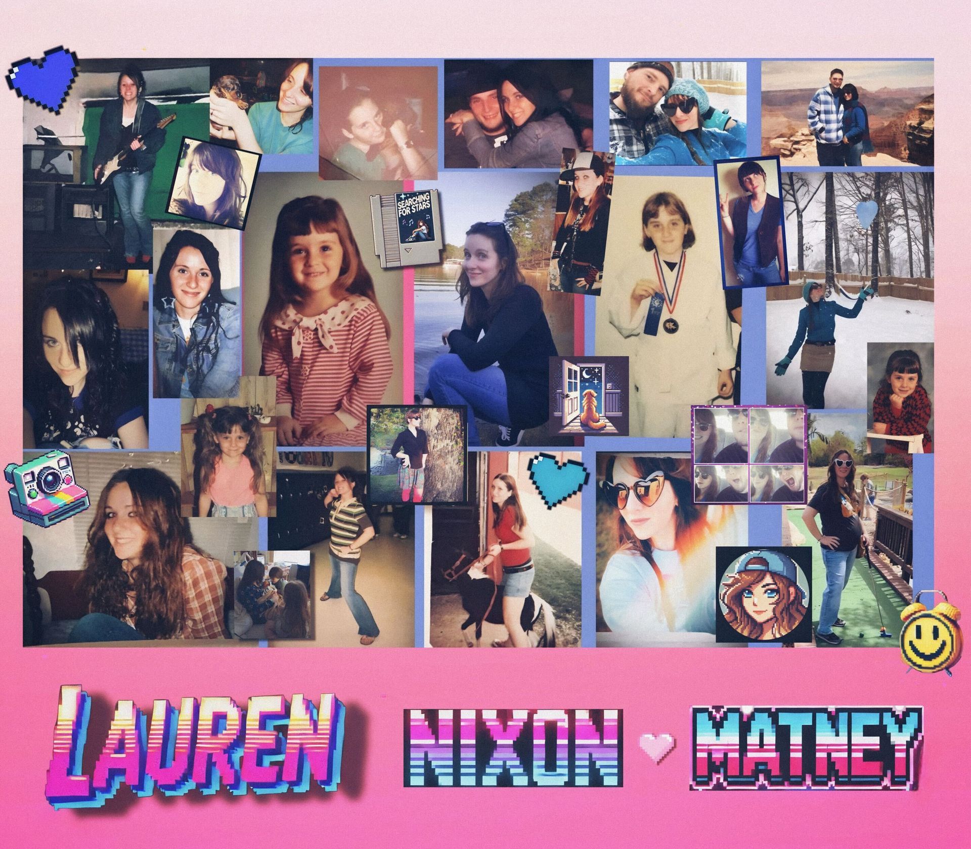 Mixed media pixel art collage of Lauren Nixon-Matney through the years across different stages of life, capturing musical memory, nostalgic identity, a time capsule of growth and the stories that shape a Searching for Stars universe.