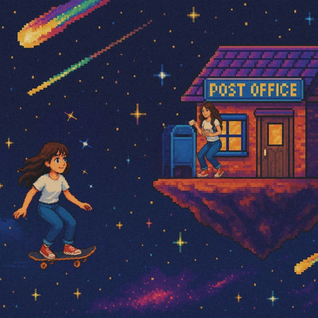 Pixel art image of a floating post office in space, representing letters of gratitude, connection, and messages of hope sent across time in a Searching for Stars universe.  The Cosmic Post Office