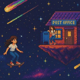 Pixel art image of a floating post office in space, representing letters of gratitude, connection, and messages of hope sent across time in a Searching for Stars universe.  The Cosmic Post Office